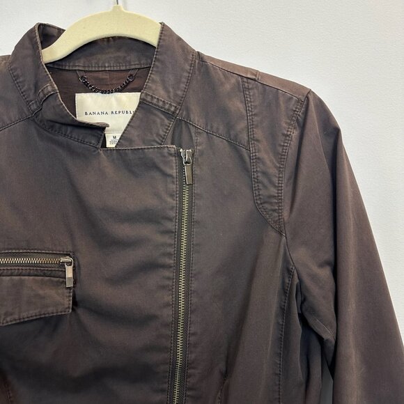 Banana Republic Moto Jacket Brown Cotton Twill Asymmetrical Full Zip Medium - Picture 6 of 11